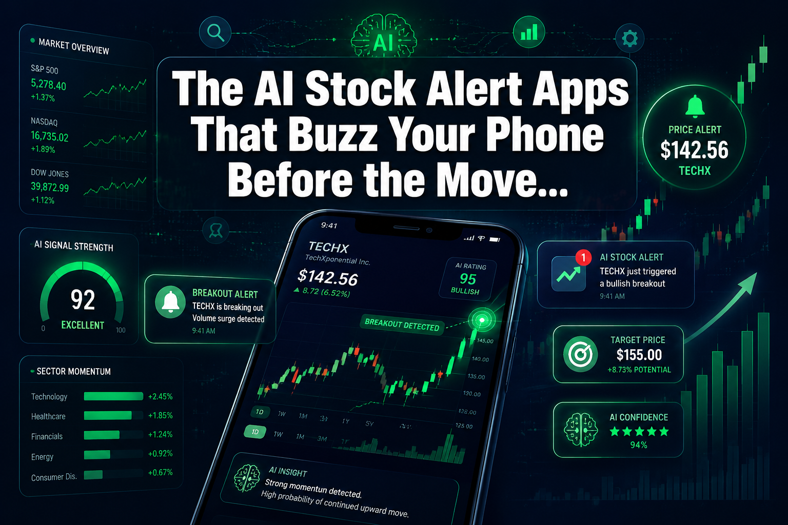 Professional () hero image with : 'The AI Stock Alert Apps That Buzz Your Phone Before the Move...' in extra large white