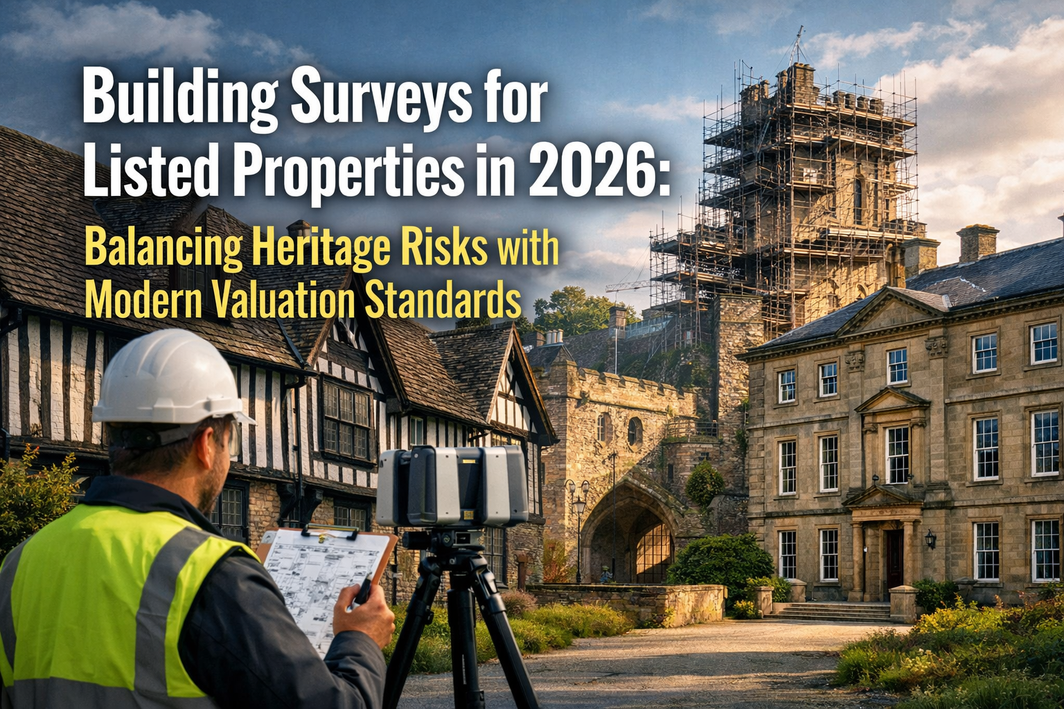 Professional landscape hero image () with : "Building Surveys for Listed Properties in 2026: Balancing Heritage Risks with