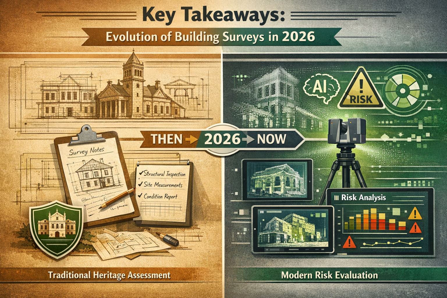 Infographic-style visual for 'Key Takeaways' section representing building survey evolution in 2026, featuring timeline