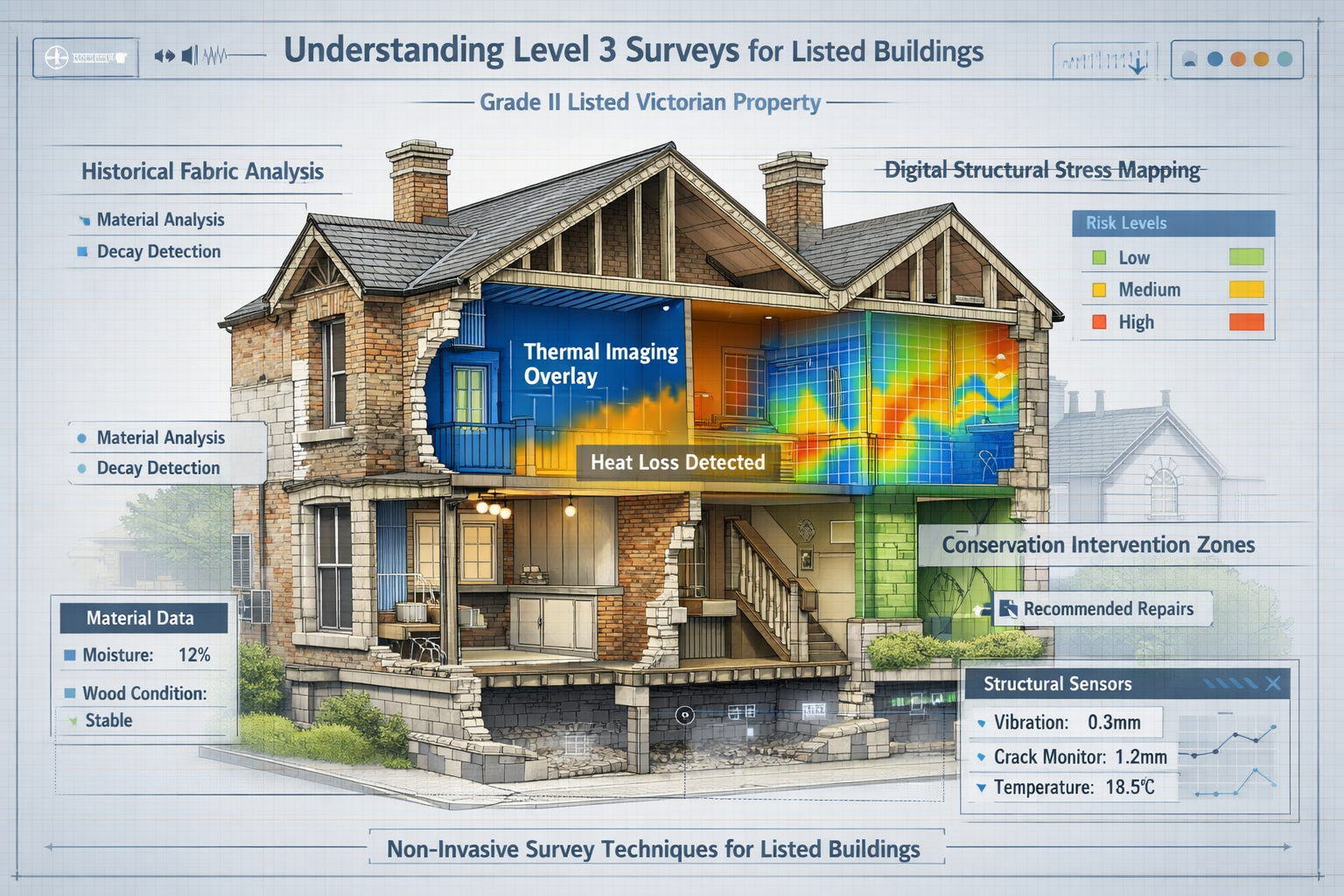 Technical illustration for 'Understanding Level 3 Surveys for Listed Buildings' depicting cross-sectional architectural
