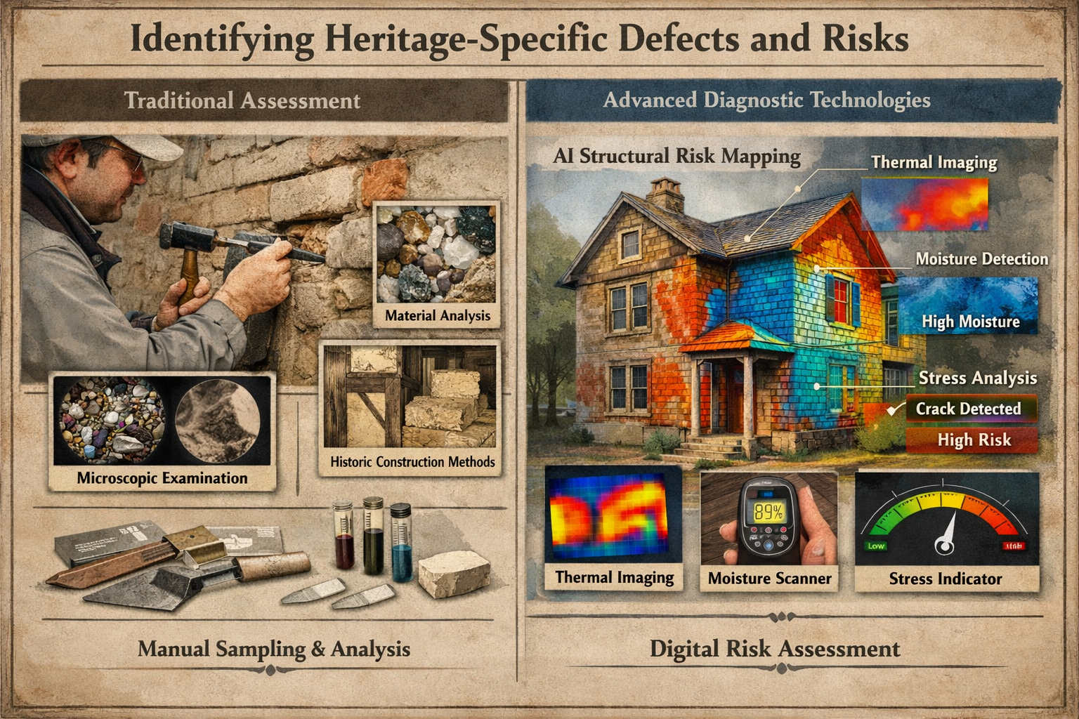 Forensic survey visualization for 'Identifying Heritage-Specific Defects and Risks' showcasing a detailed architectural