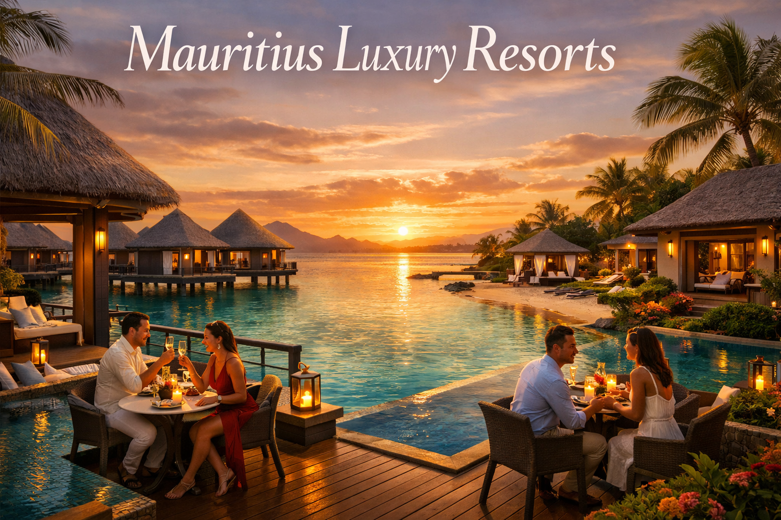 Detailed landscape image (1536x1024) showing luxurious overwater villas and beachfront suites in Mauritius, featuring elegant couples dining