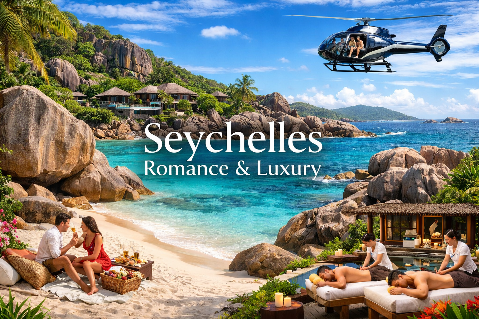 Stunning landscape image (1536x1024) showcasing exclusive Seychelles luxury resorts with iconic granite boulder formations and pristine whit
