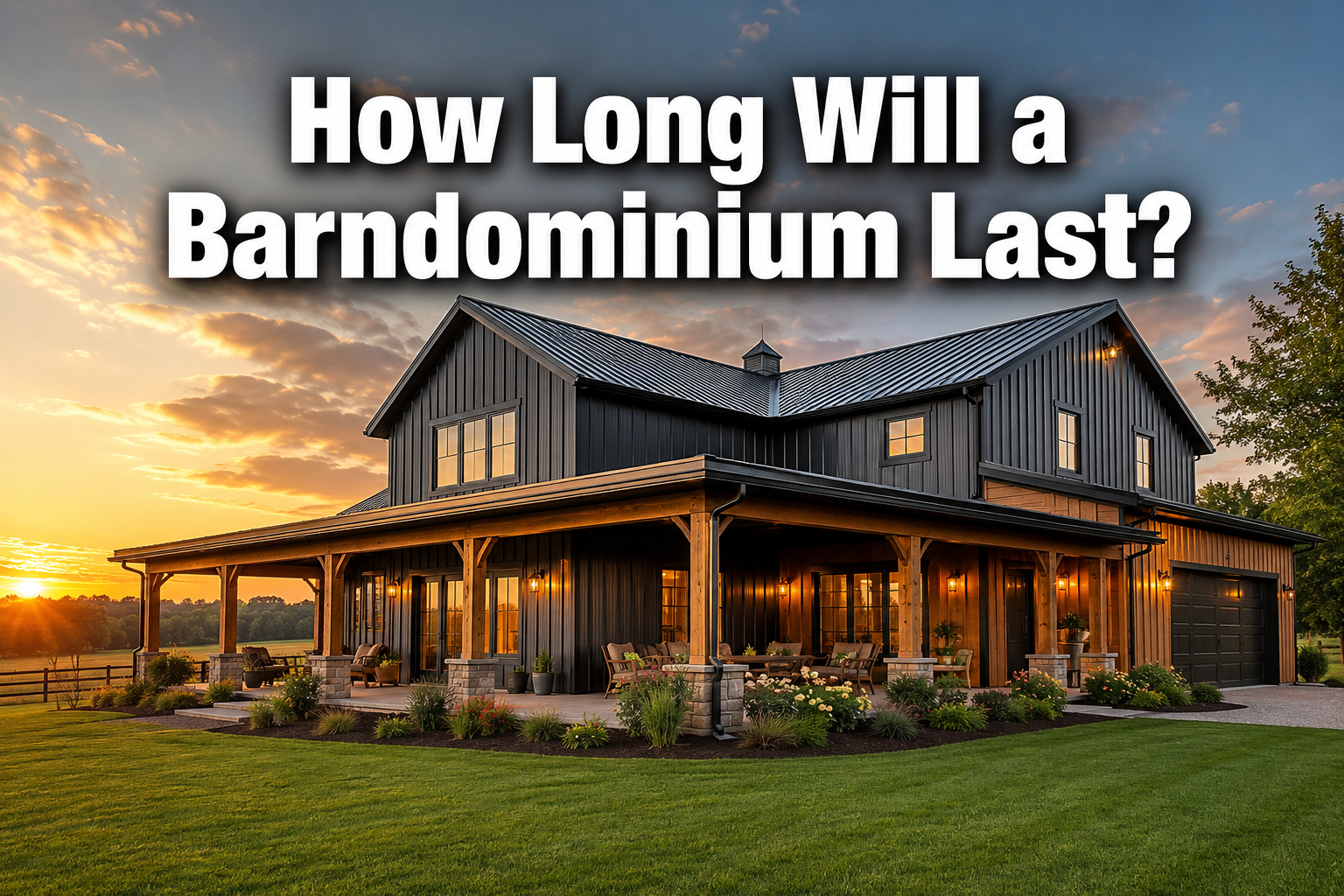 Professional () hero image with : 'How Long Will a Barndominium Last?' in extra large white with dark drop , centered in