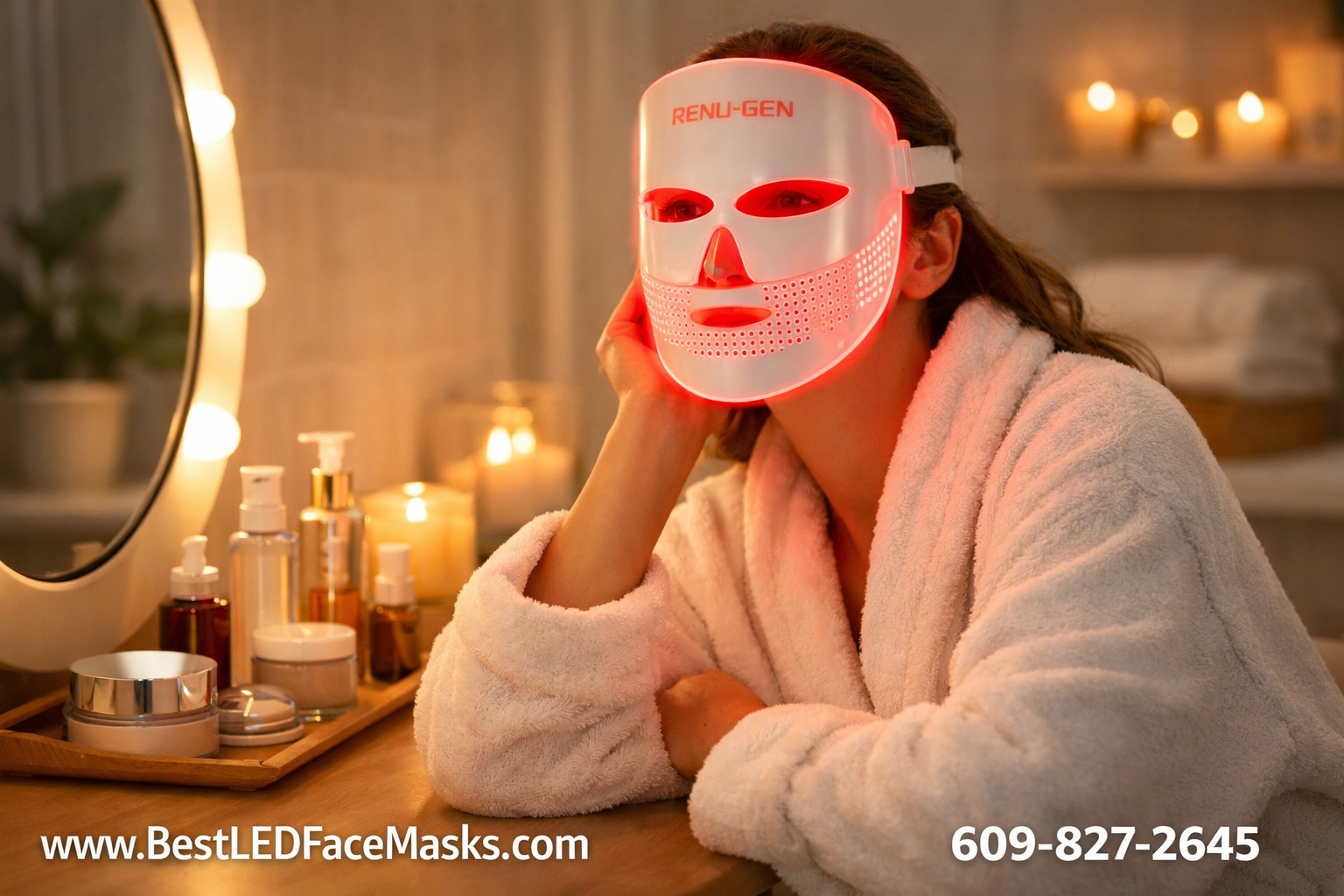 () woman sitting comfortably at a vanity mirror at home wearing the Renu-Gen LED face mask glowing red, cozy well-lit