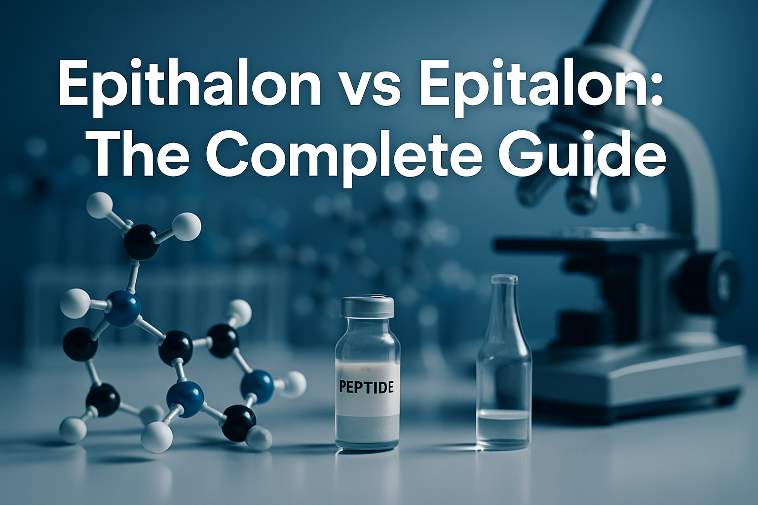 Professional landscape hero image (1536x1024) featuring bold text overlay 'Epithalon vs Epitalon: The Complete Guide' in extra large 72pt wh