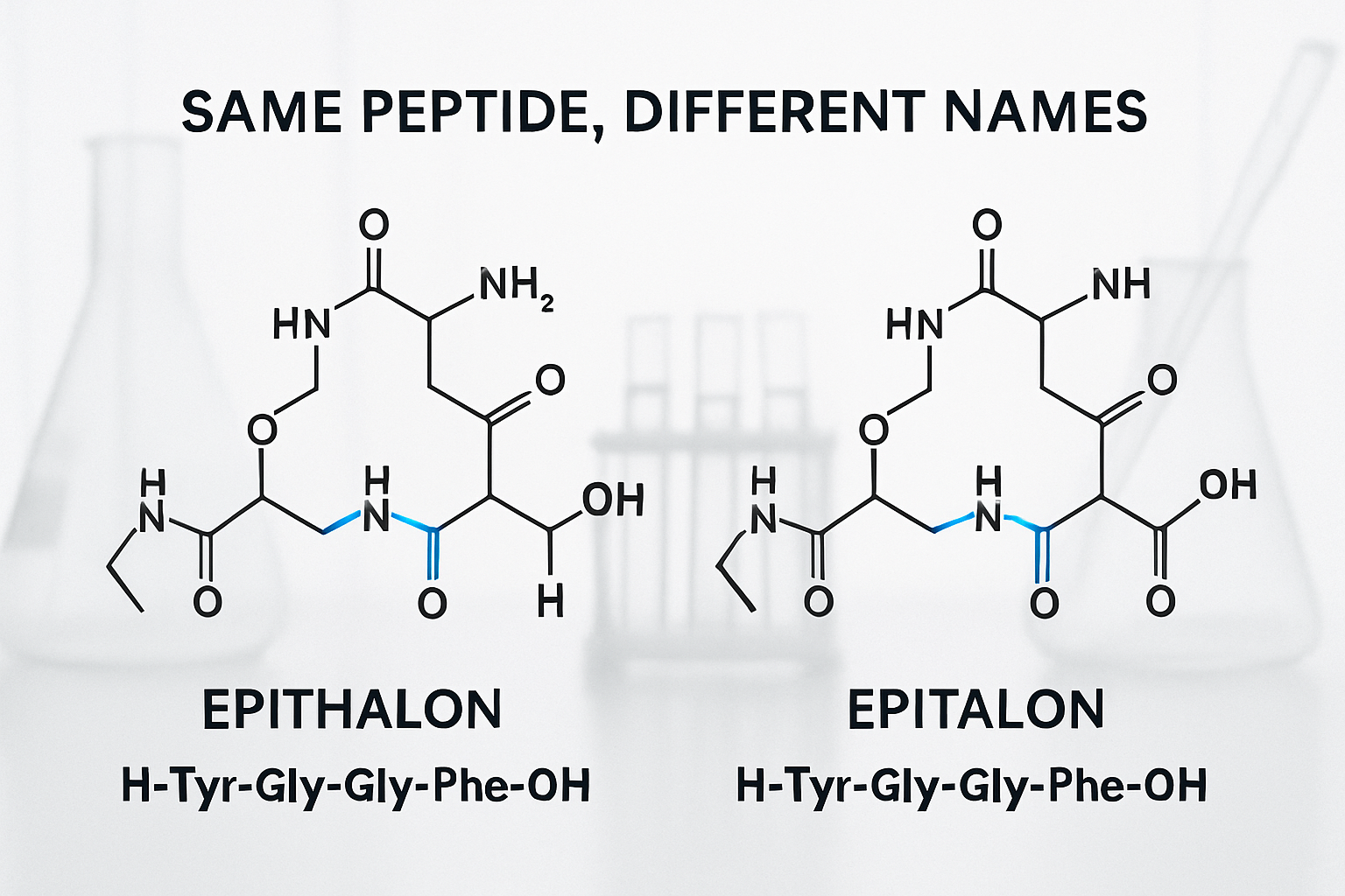 Scientific comparison infographic (1536x1024) showing side-by-side molecular structures of epithalon and epitalon peptides with detailed ami