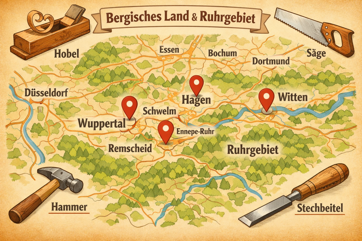 () detailed illustration showing a regional map of the Bergisches Land and Ruhrgebiet area in Germany, highlighting the