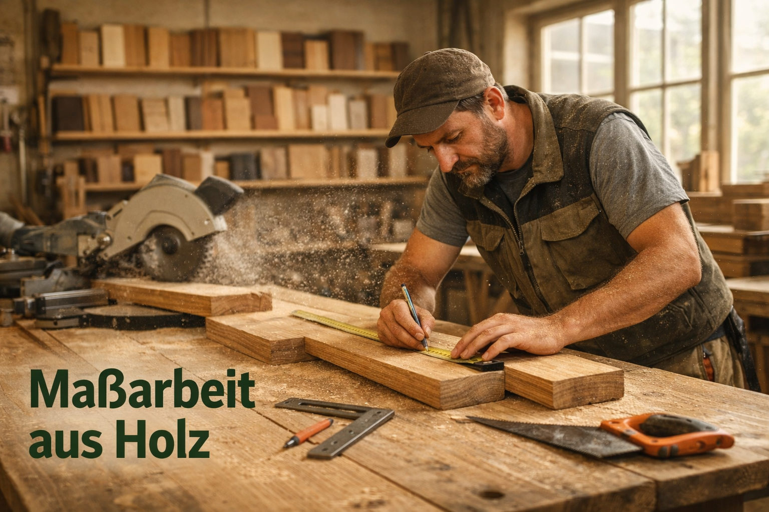 () showing a German Schreiner workshop interior with a craftsman measuring and cutting oak wood panels on a large workbench,