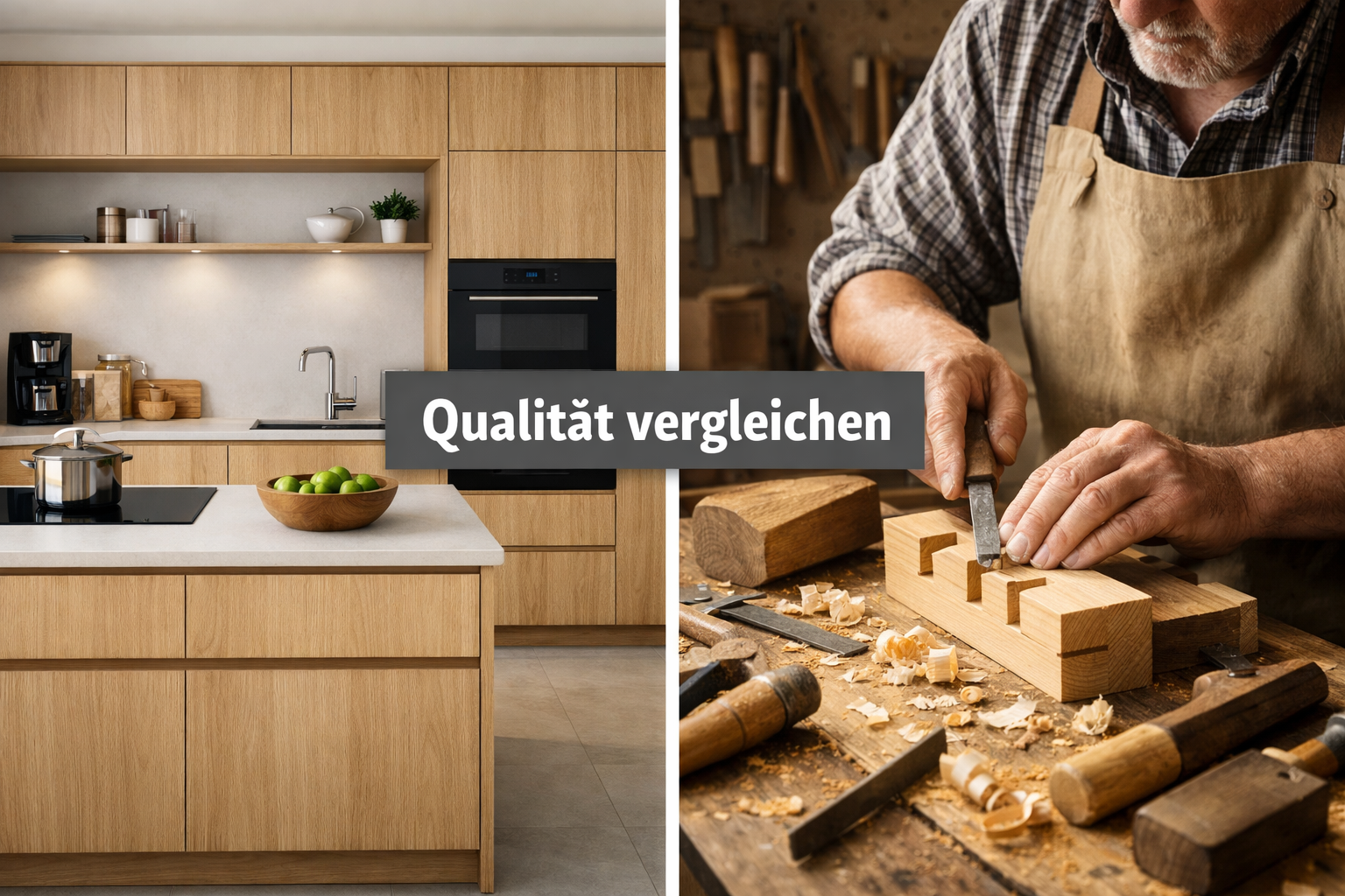 () split-panel comparison image: left panel shows a modern custom-built fitted kitchen in light oak with integrated handles,