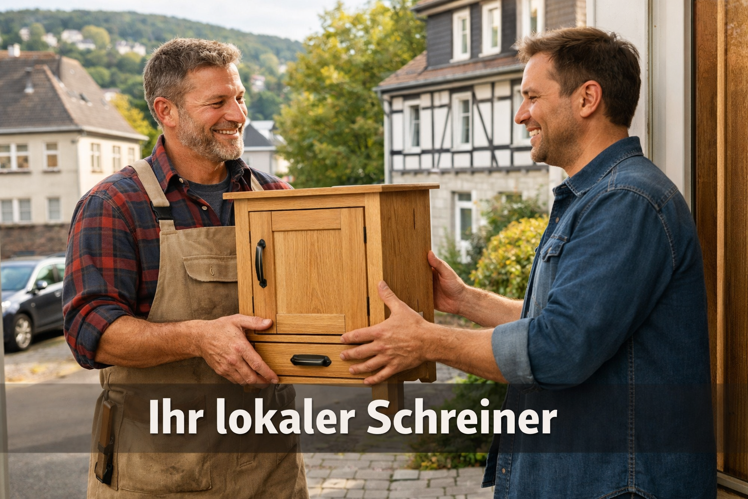 () showing a friendly German craftsman in work apron handing over a completed wooden cabinet to a smiling homeowner at a