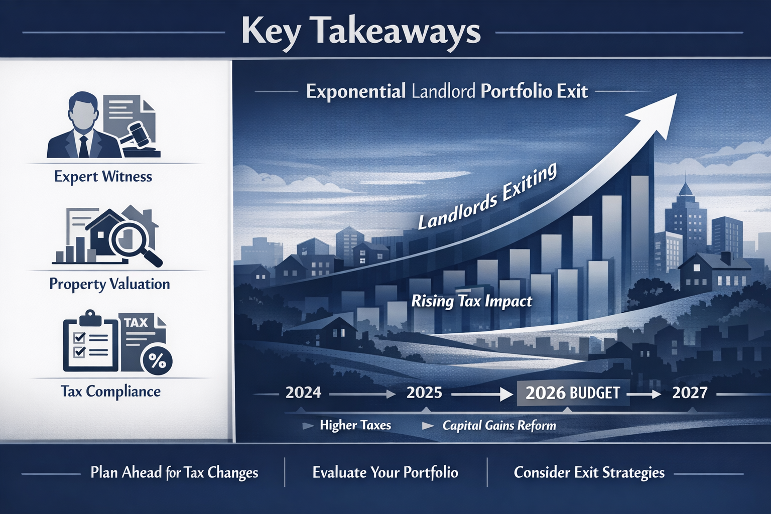 Key Takeaways section visualization: Split-screen infographic with professional RICS valuation icons on left side, abstract
