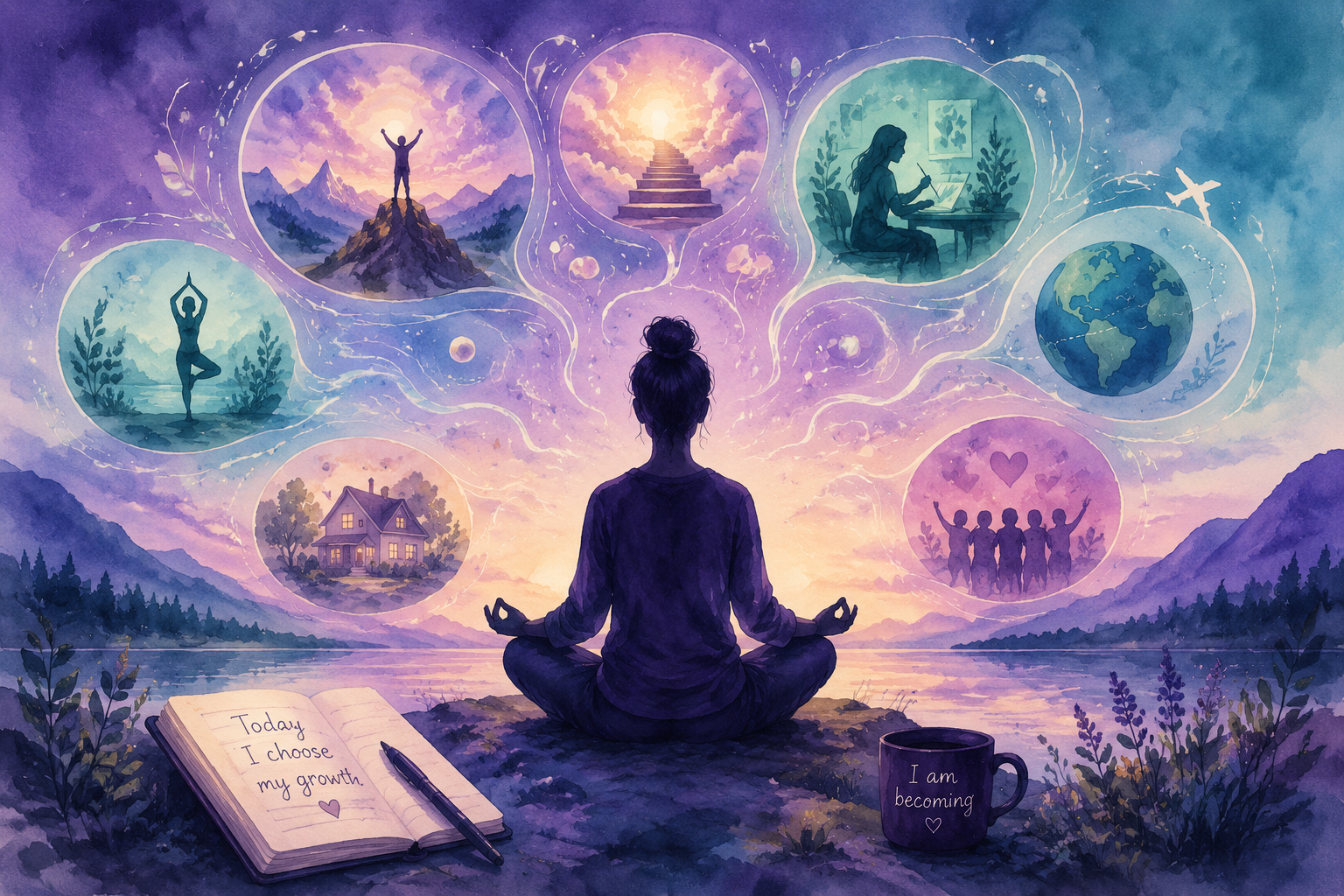() conceptual illustration showing a person's silhouette sitting cross-legged in meditation pose with swirling thought