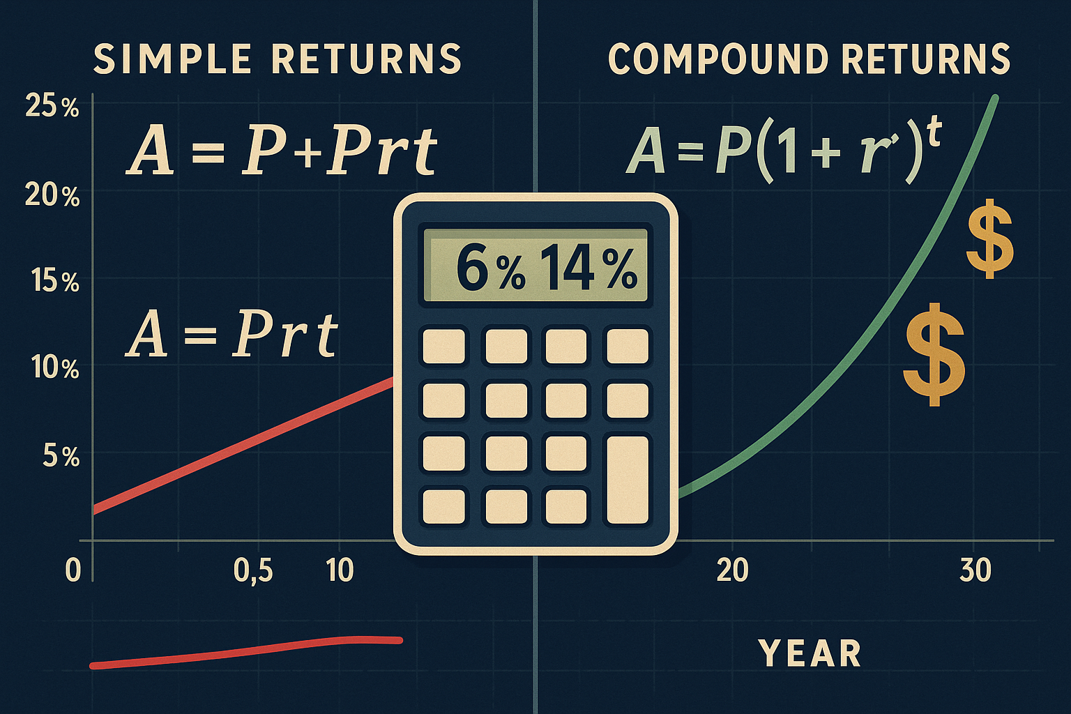 Detailed landscape illustration (1536x1024) showing split-screen comparison of simple versus compound returns over 30-year timeline. Left si