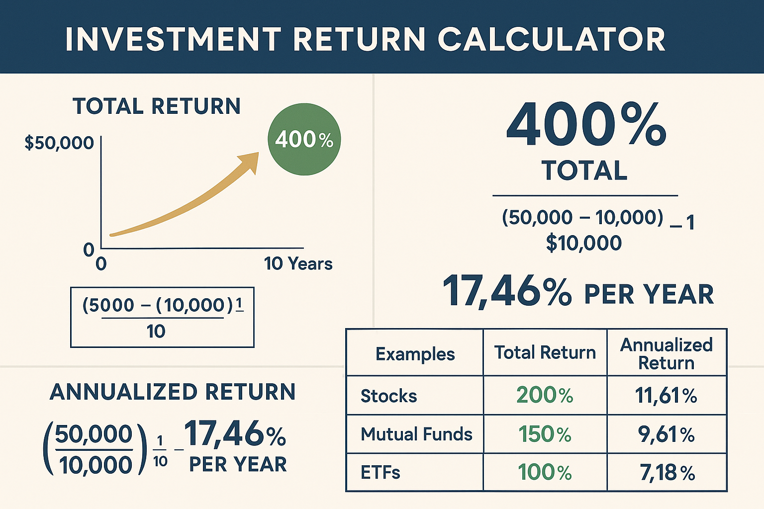 Comprehensive landscape infographic (1536x1024) illustrating total return versus annualized return concepts with visual examples. Top half s