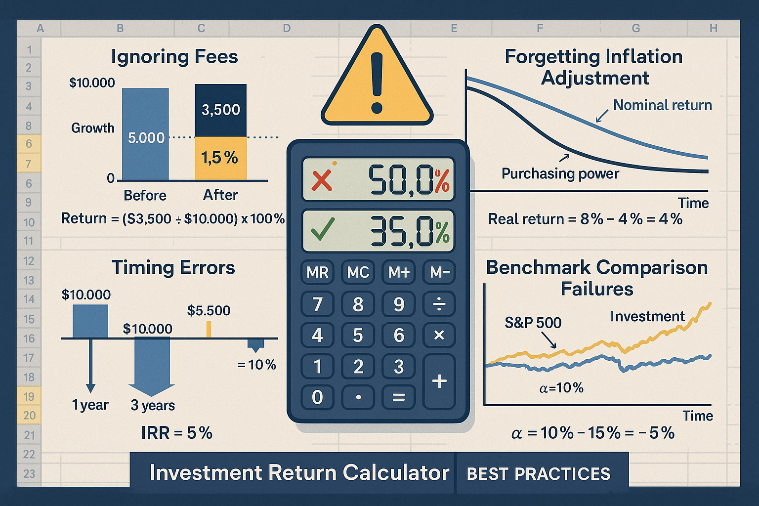 Detailed landscape visualization (1536x1024) depicting common investment return calculation mistakes with before-and-after correction exampl
