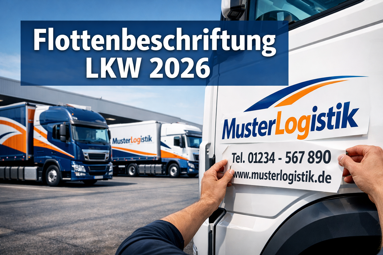 Professional landscape format (1536x1024) hero image featuring bold text overlay 'Flottenbeschriftung LKW 2026' in extra large 72pt white sa