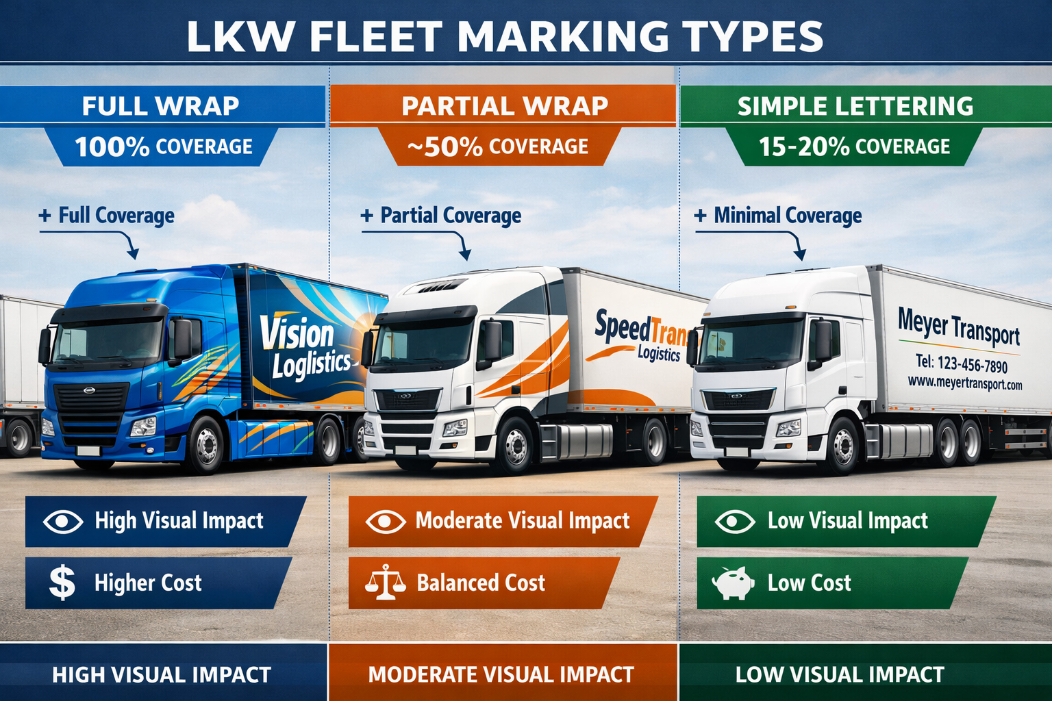 Landscape format (1536x1024) image showing detailed comparison of different LKW fleet marking types: full wrap, partial wrap, and simple let