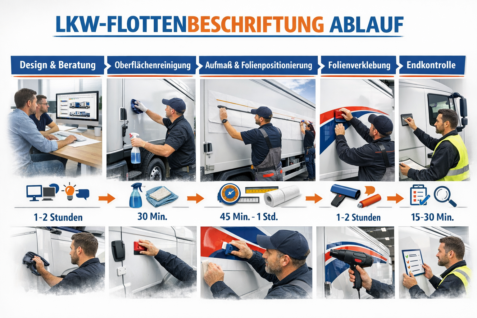 Landscape format (1536x1024) detailed infographic showing step-by-step LKW Flottenbeschriftung process from design to application. Top-down