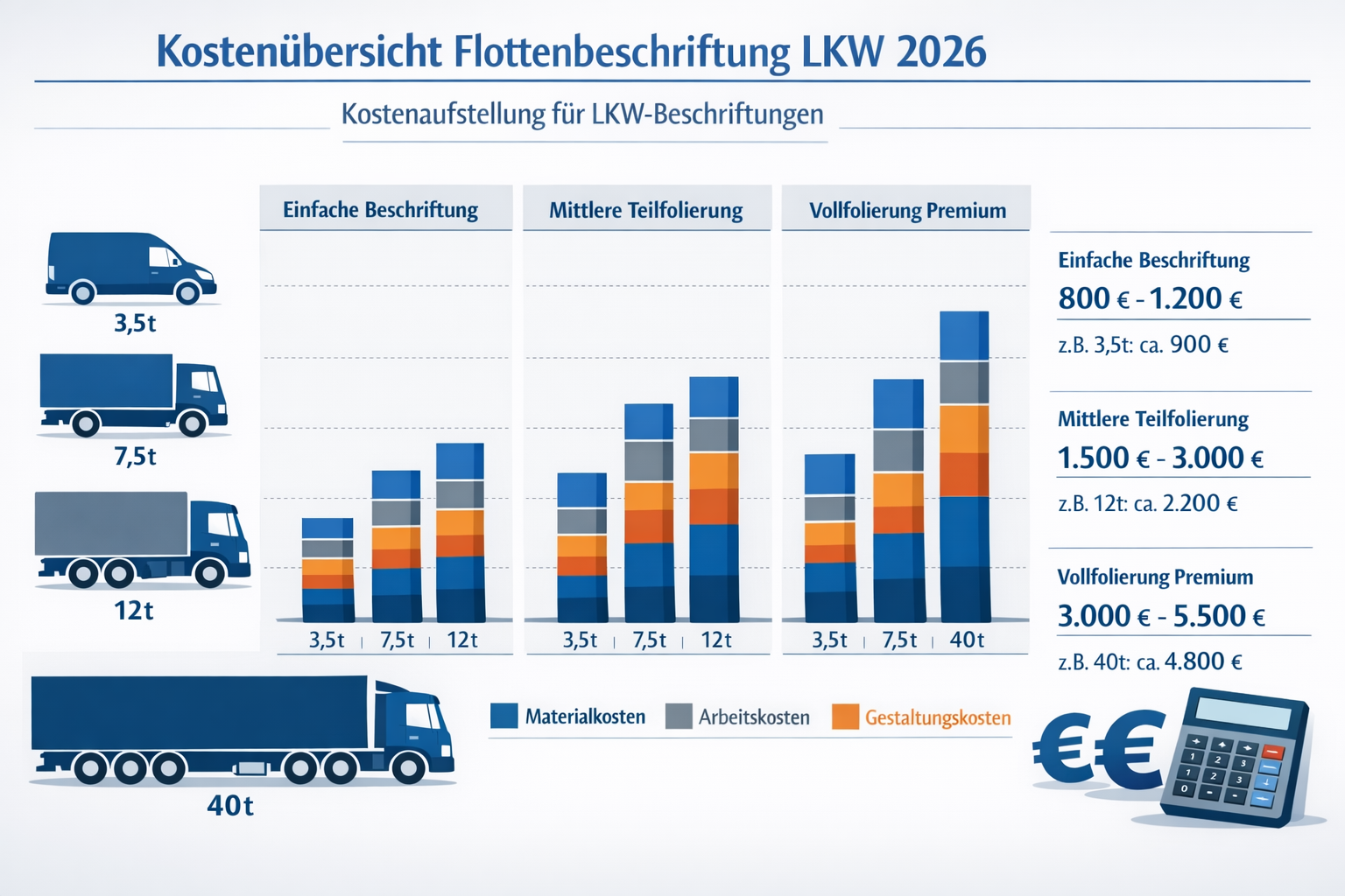 Landscape format (1536x1024) cost breakdown visualization for Flottenbeschriftung LKW 2026 showing detailed pricing tiers. Professional bar