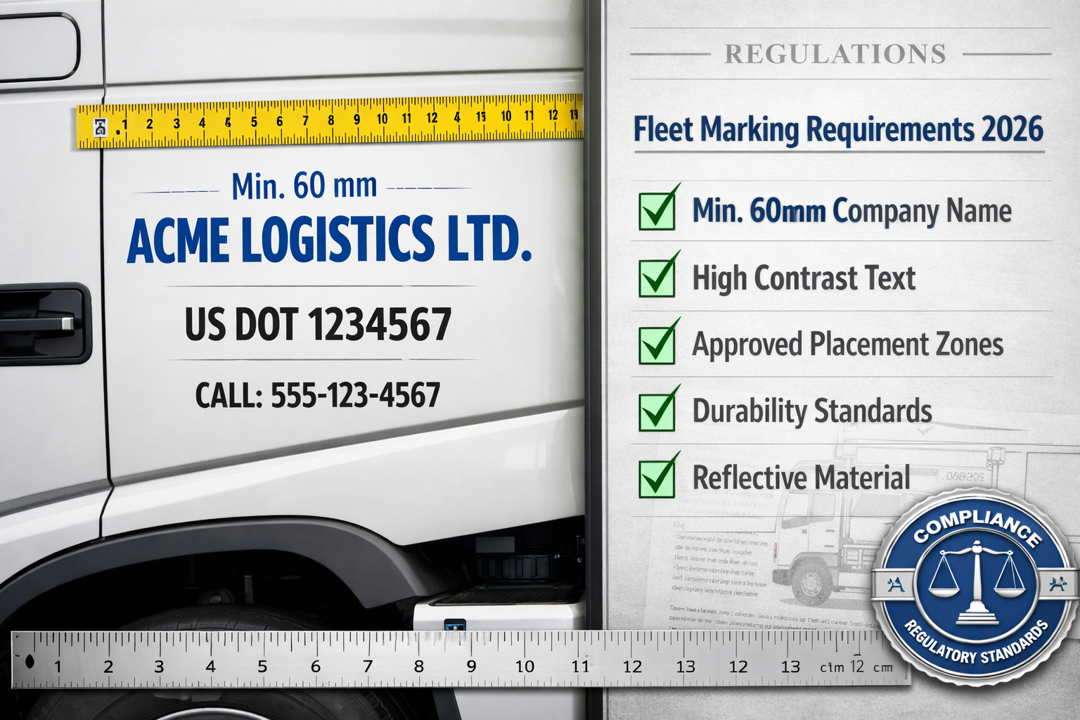 Landscape format (1536x1024) image showing legal compliance requirements for commercial vehicle fleet markings in 2026. Split composition wi