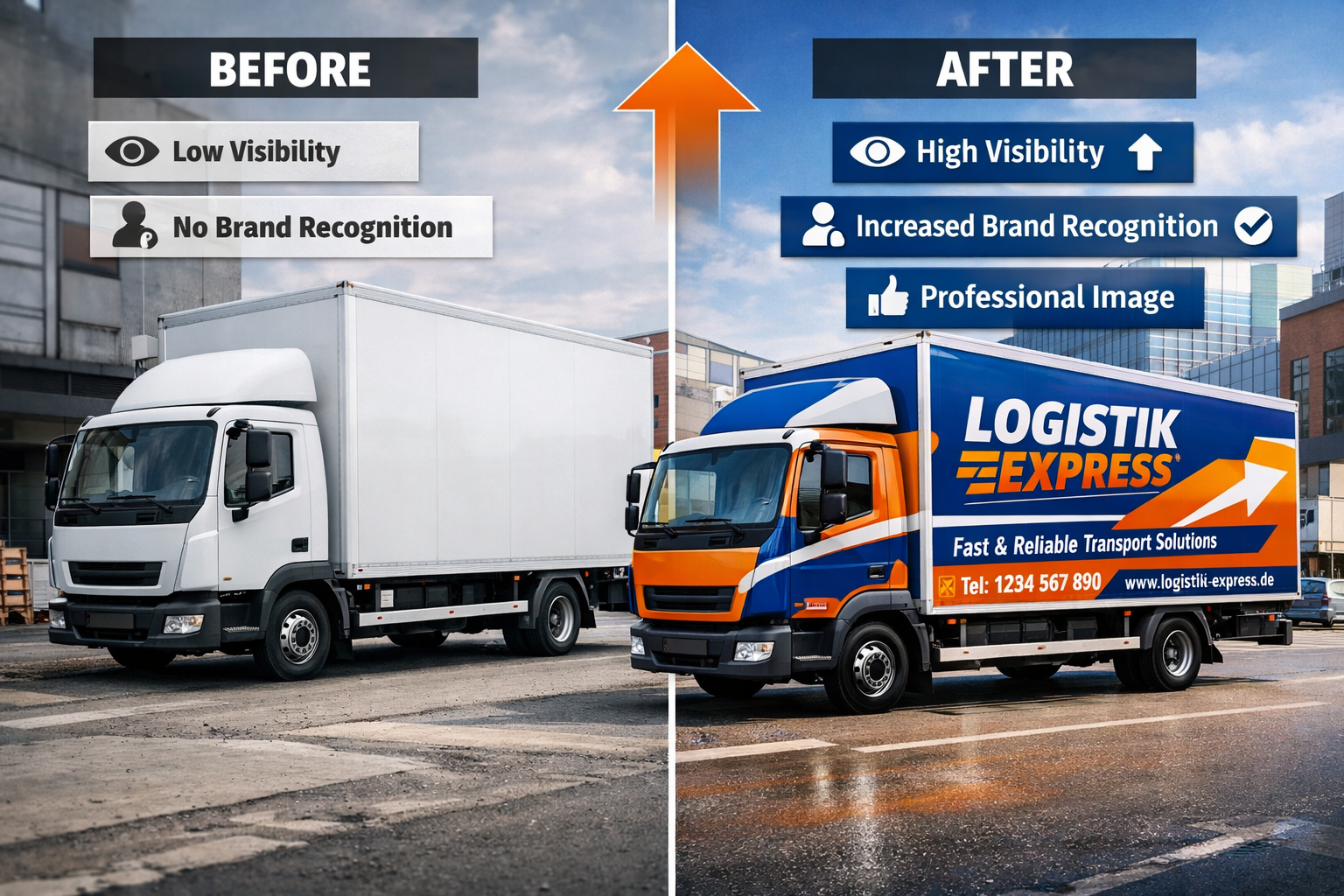 Landscape format (1536x1024) before-and-after transformation image of fleet LKW branding impact. Dramatic split-screen showing same truck mo