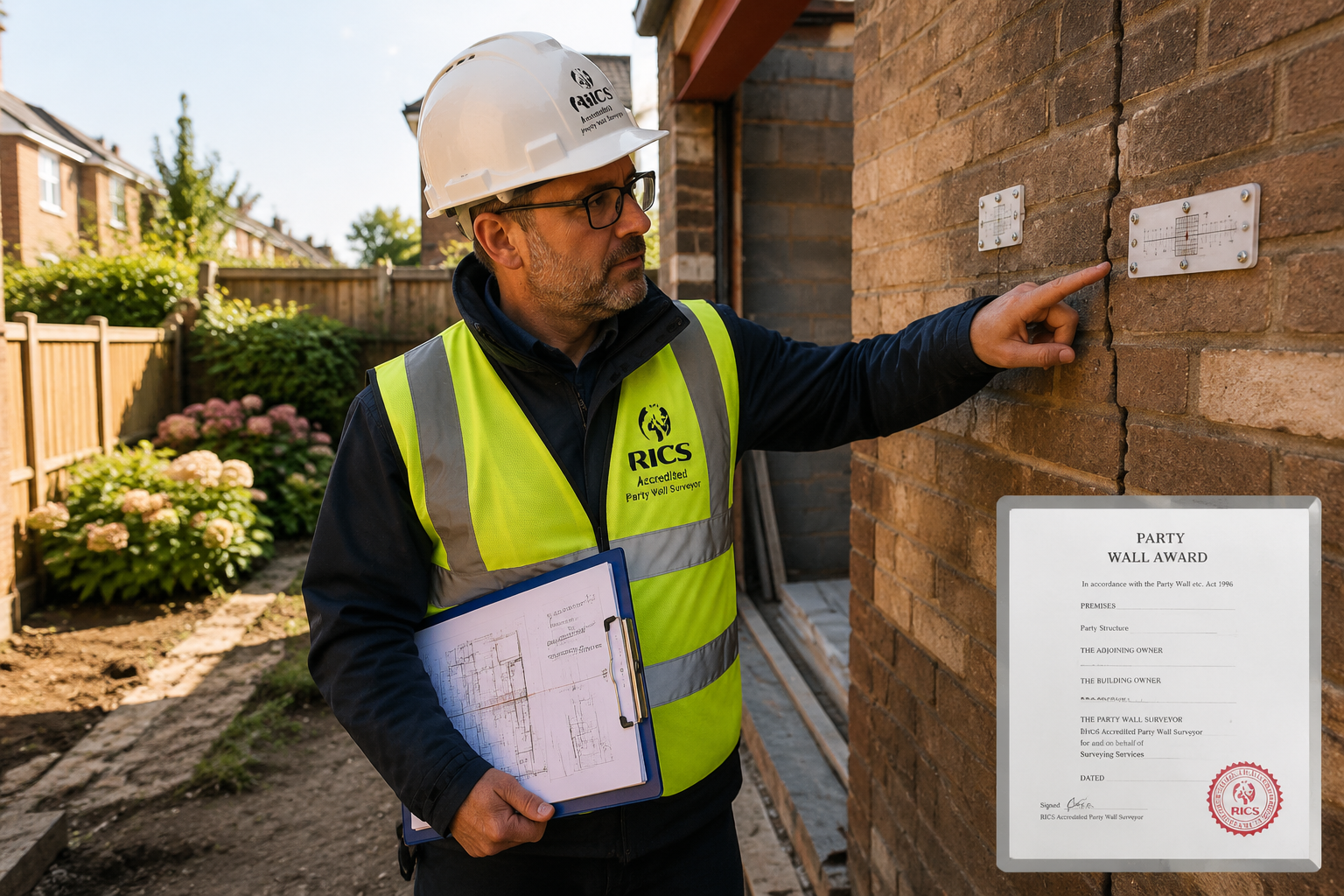 () scene showing a professional RICS-accredited party wall surveyor at a kitchen extension construction site, standing at