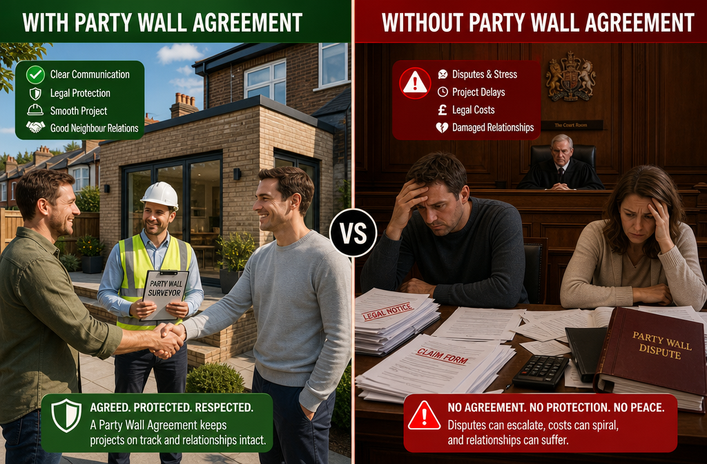 () split-scene comparison image: left side shows two neighbours shaking hands outside a newly completed side-return