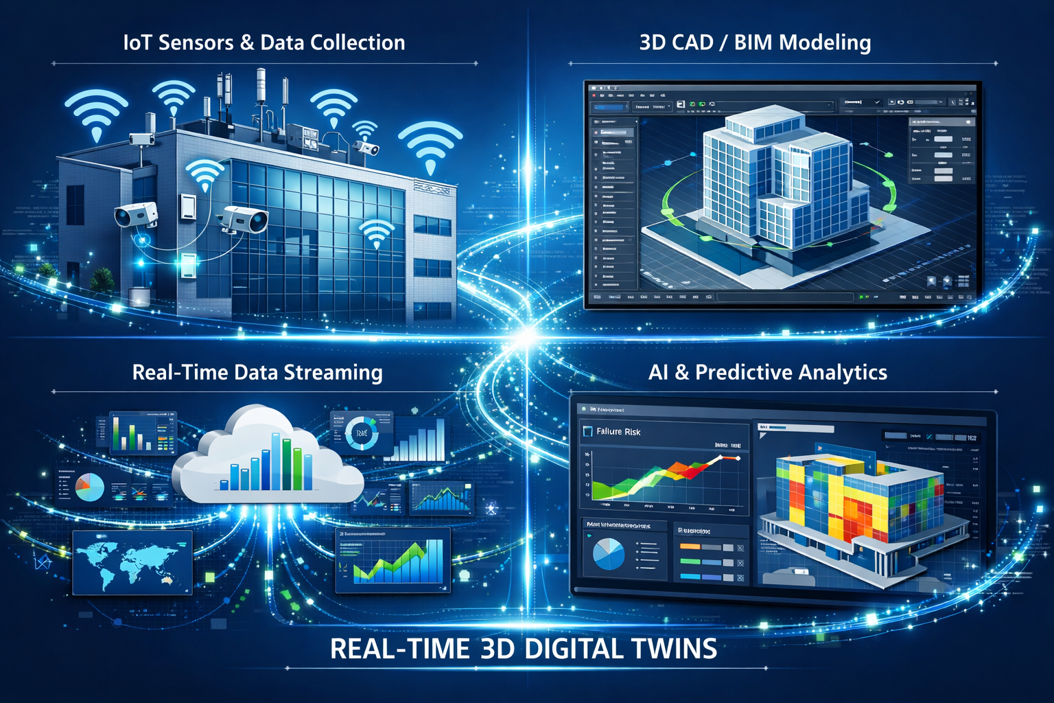 Landscape format (1536x1024) detailed technical illustration showing the four core components of real-time 3D digital twins in quadrant layo