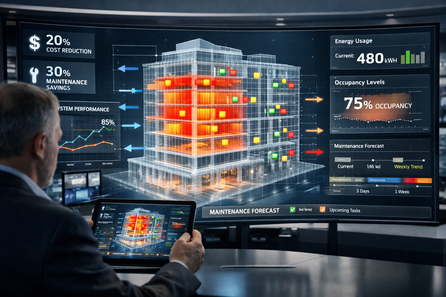 Landscape format (1536x1024) photorealistic visualization of property operations monitoring through digital twin interface: large transparen