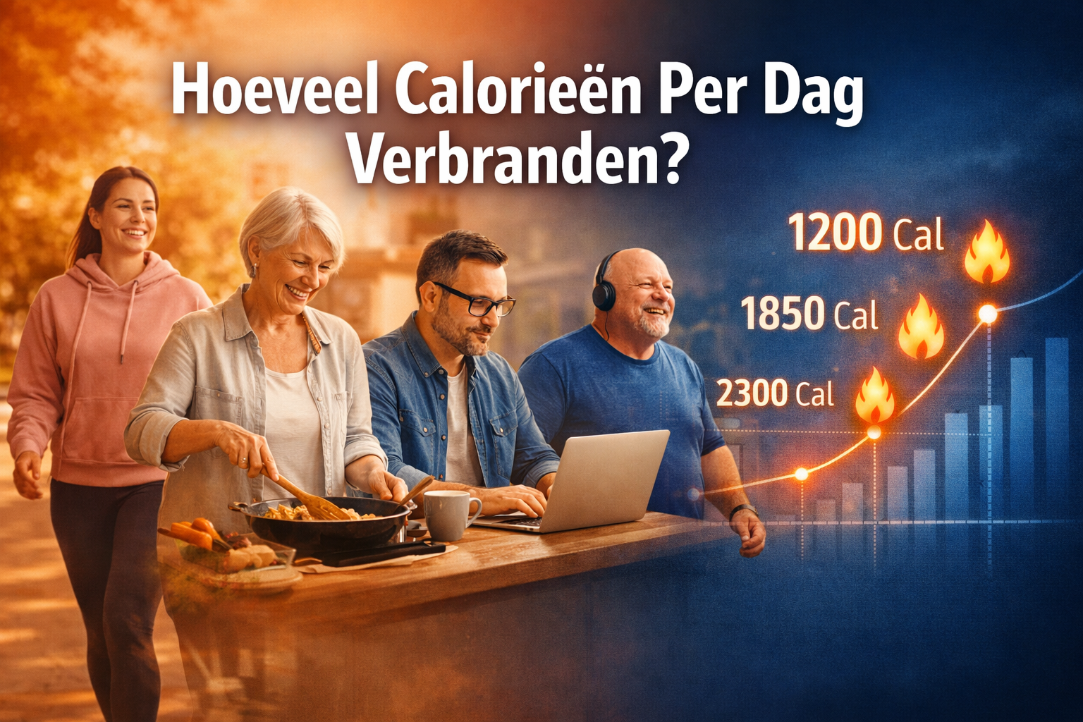 Professional landscape hero image (1536x1024) featuring bold text overlay 'Hoeveel Calorieën Per Dag Verbranden?' in extra large 72pt white