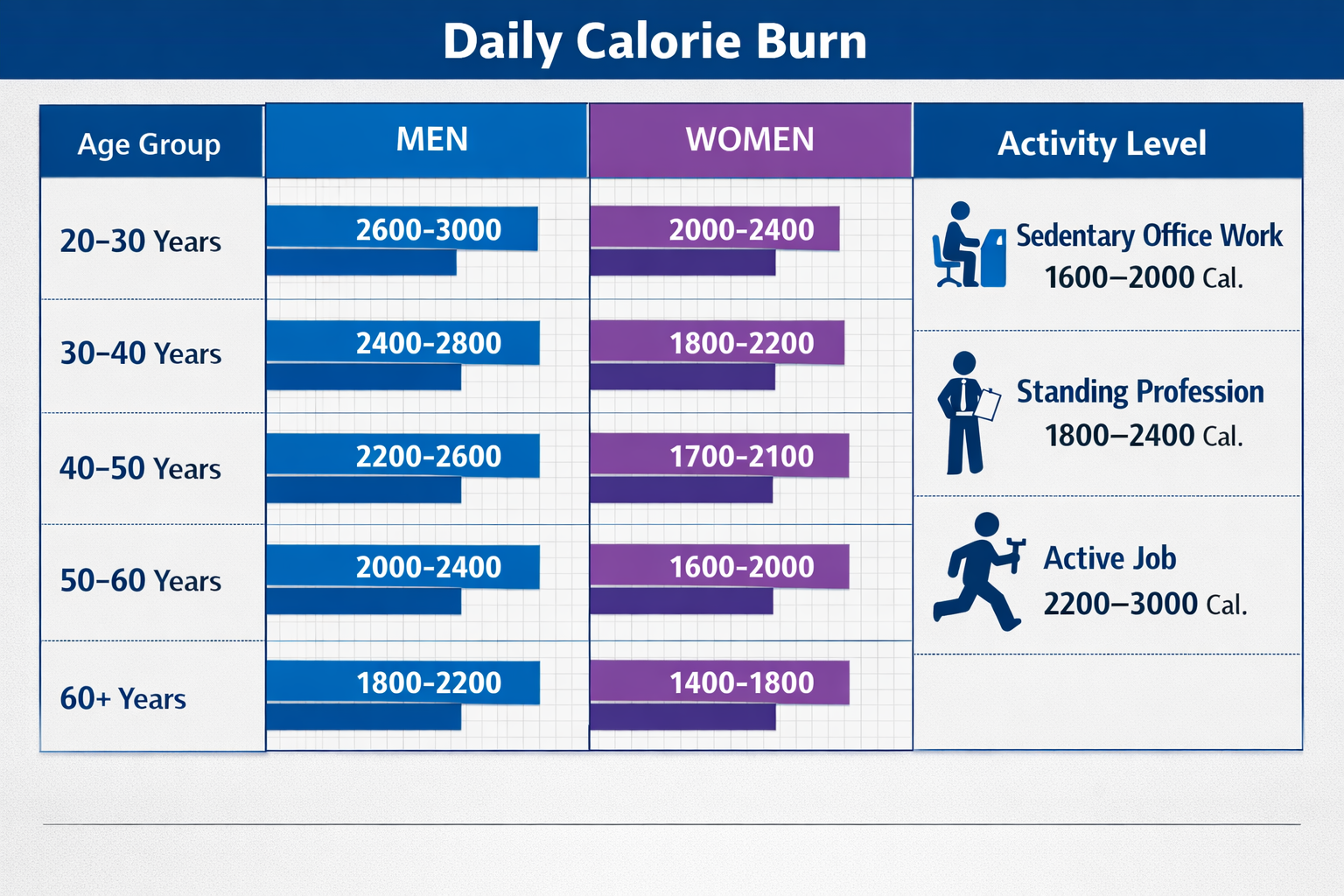 Comprehensive comparison chart (1536x1024) displaying daily calorie burn rates across different demographics: left column shows age groups (