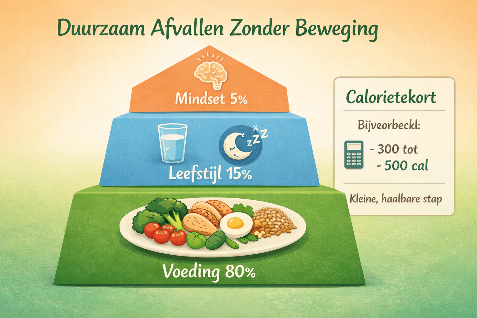 Practical strategy infographic (1536x1024) showing pyramid or stepped diagram for sustainable weight loss without exercise: base level displ