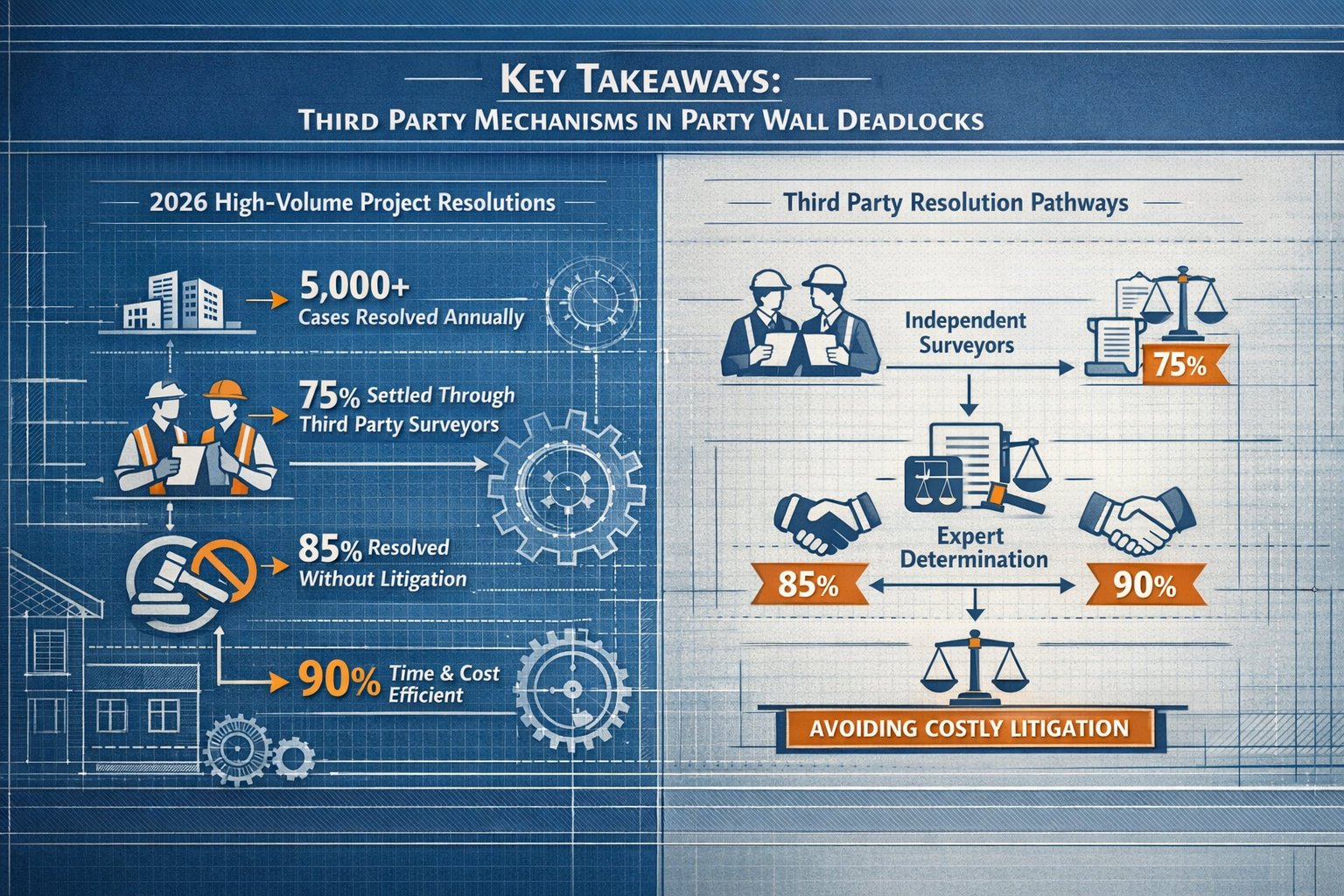 Architectural infographic for 'Key Takeaways' section visualizing Third Party Mechanisms in Party Wall Deadlocks.