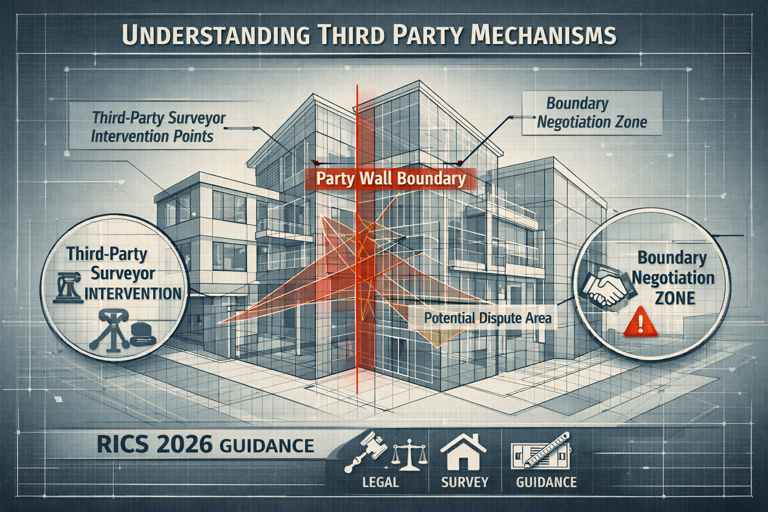 Conceptual architectural visualization representing 'Understanding Third Party Mechanisms' with complex geometric showing