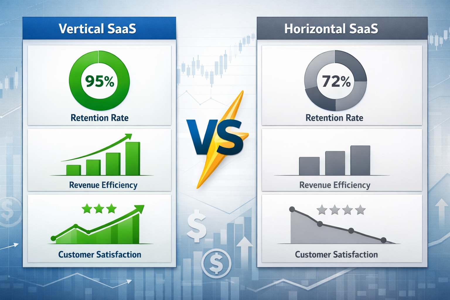 Landscape format (1536x1024) comparative dashboard visualization showing side-by-side metrics for vertical versus horizontal SaaS platforms.