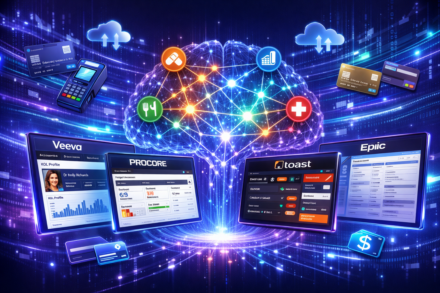 Landscape format (1536x1024) futuristic concept illustration depicting AI-powered vertical SaaS ecosystem. Central neural network visualizat