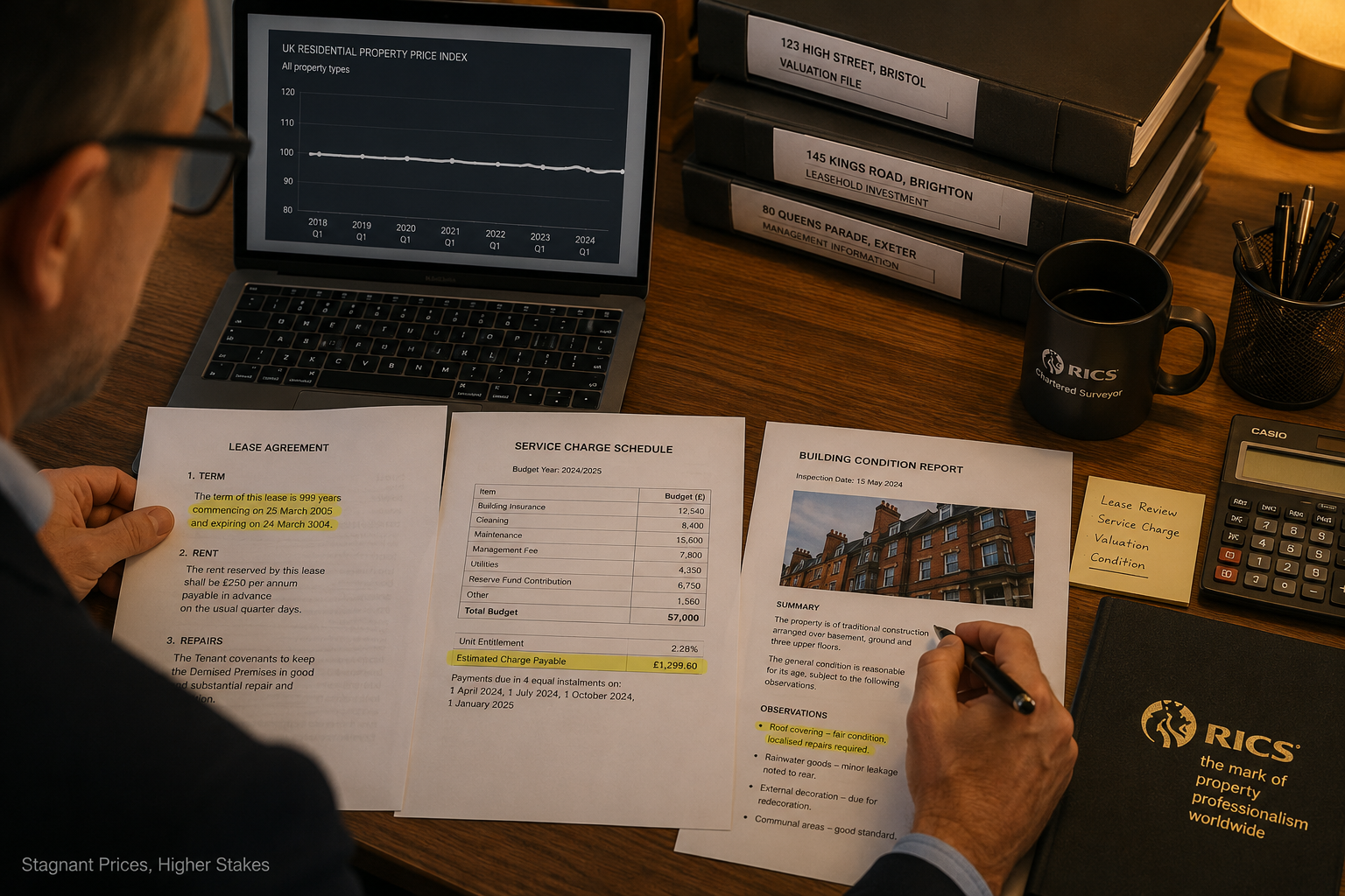 () editorial illustration showing a UK chartered surveyor at a desk reviewing property valuation documents with a flat-line