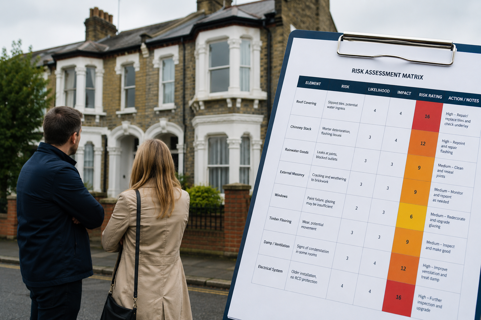 () split-composition image: left half shows a selective buyer couple standing outside a Victorian terrace property with arms