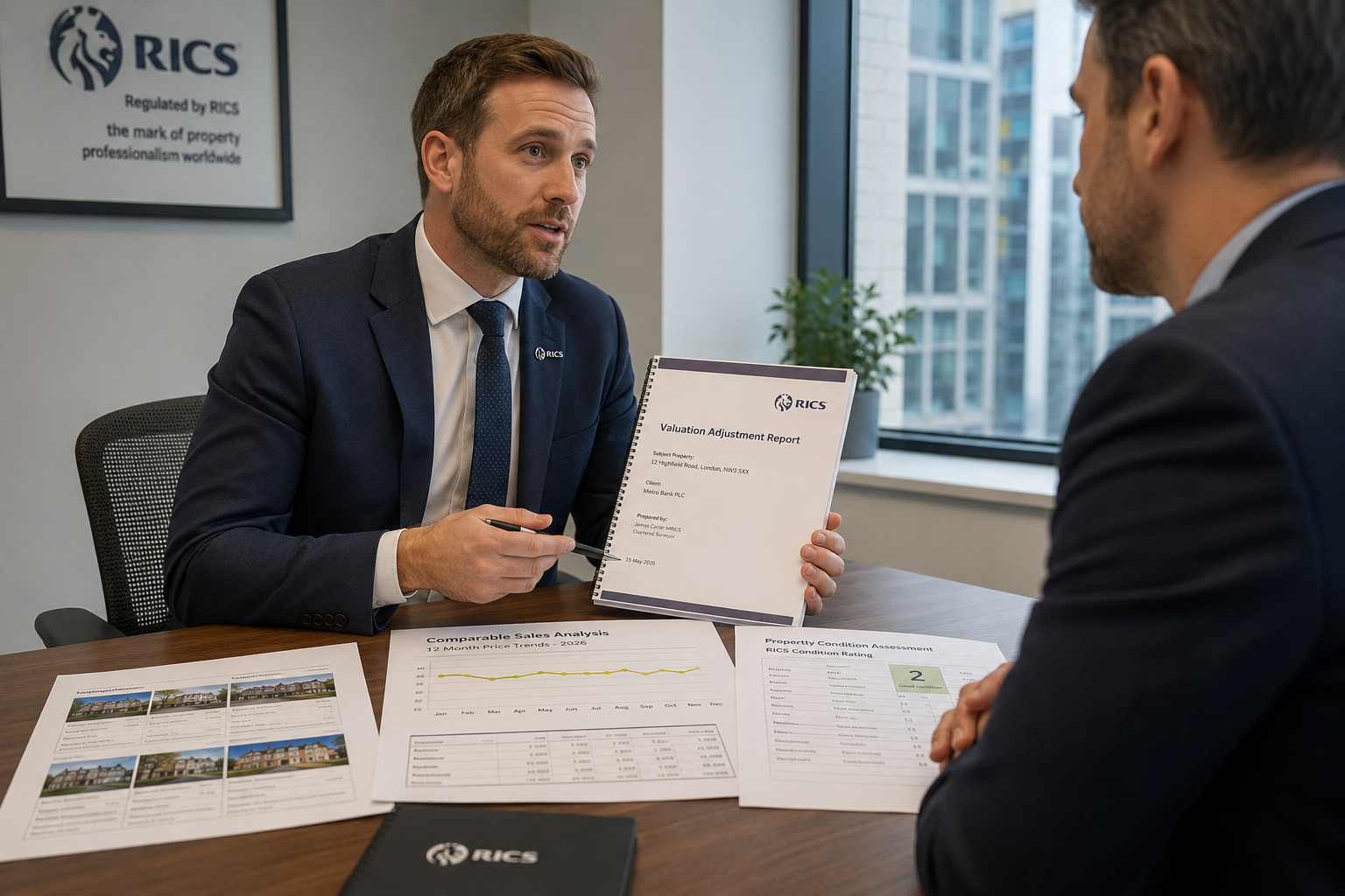 () concept image of a RICS-registered surveyor presenting a valuation adjustment report to a mortgage lender representative