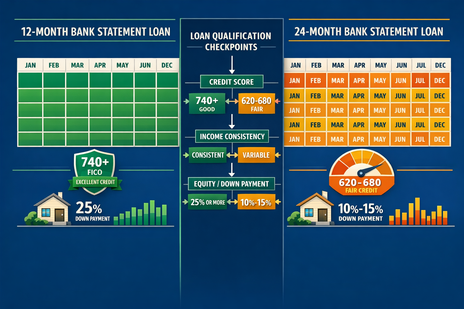 Detailed landscape format (1536x1024) infographic illustration showing side-by-side comparison of 12-month versus 24-month bank statement lo