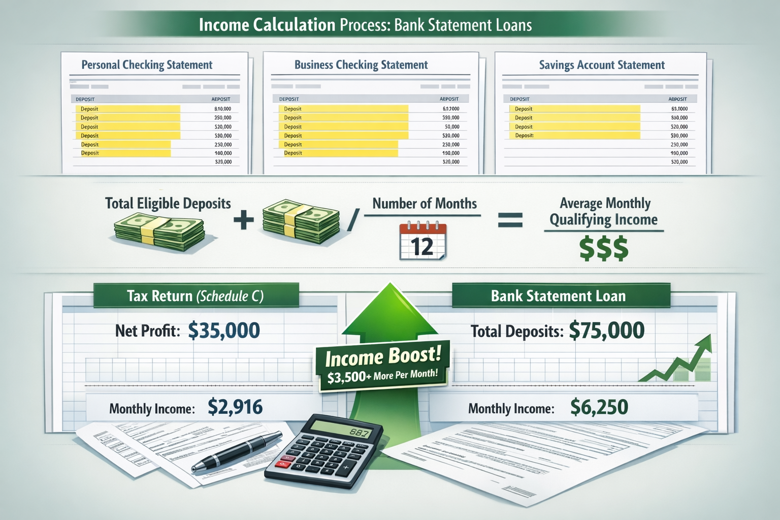 Comprehensive landscape format (1536x1024) visual breakdown of income calculation methodology for bank statement loans showing step-by-step