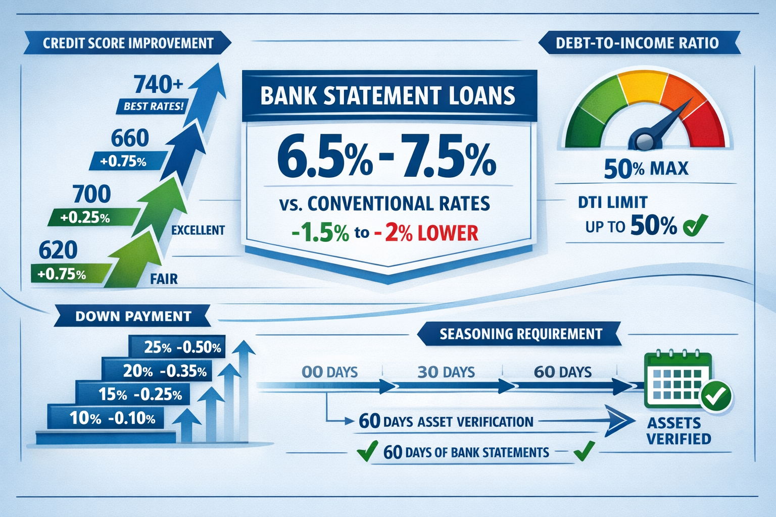Detailed landscape format (1536x1024) rate comparison and qualification strategy visualization for 2026 bank statement loans. Central elemen