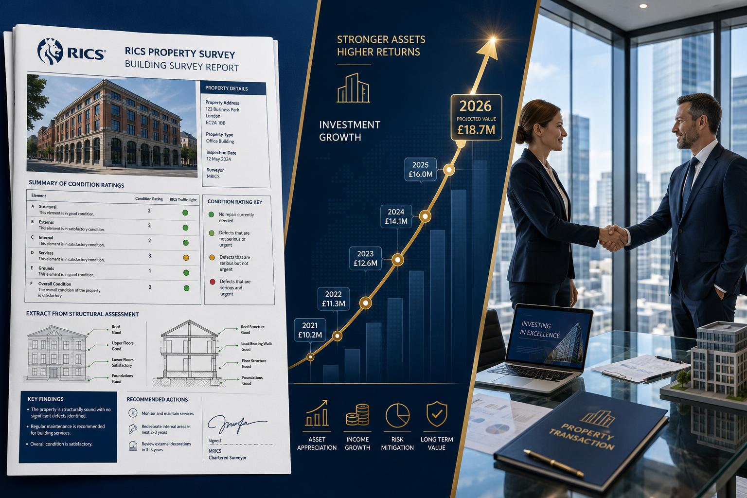 Split-composition infographic-style image showing left side with a detailed RICS property survey report document with
