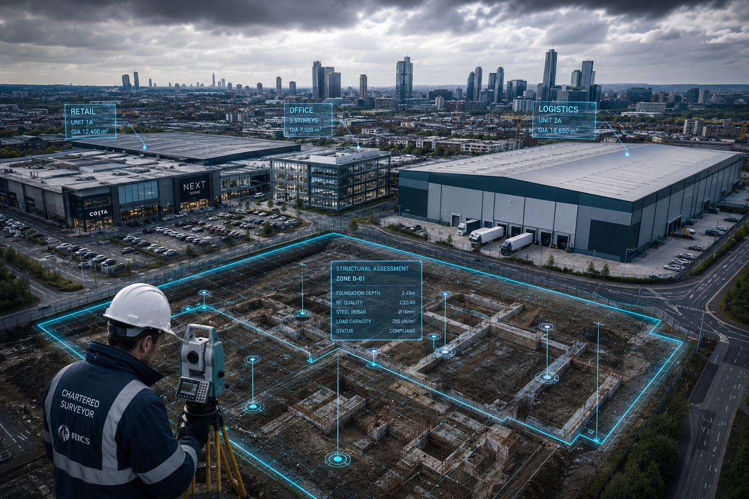 Bird's-eye drone-style view of a mixed-use commercial development site in a UK gateway city showing retail, office and