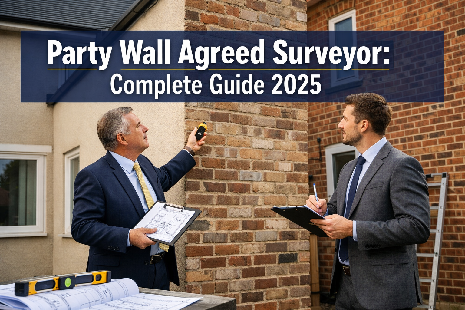 Professional landscape hero image (1536x1024) featuring bold text overlay 'Party Wall Agreed Surveyor: Complete Guide 2025' in extra large 7