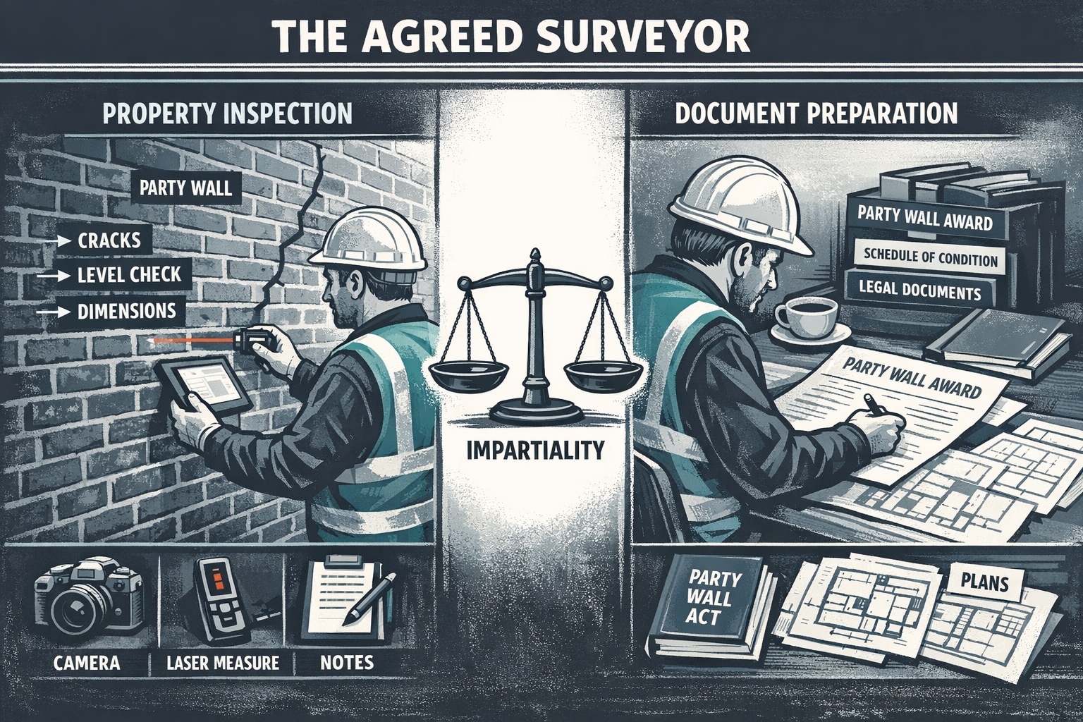 Detailed landscape illustration (1536x1024) depicting the roles and responsibilities of an agreed surveyor with split-screen composition. Le