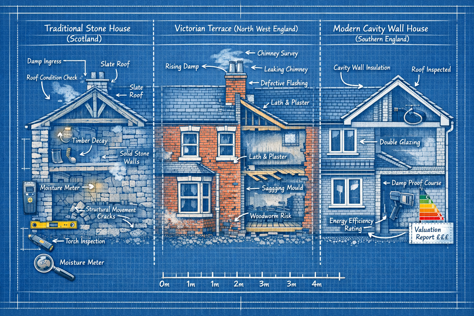 Detailed () technical illustration showing cross-section view of three different building types representing regional