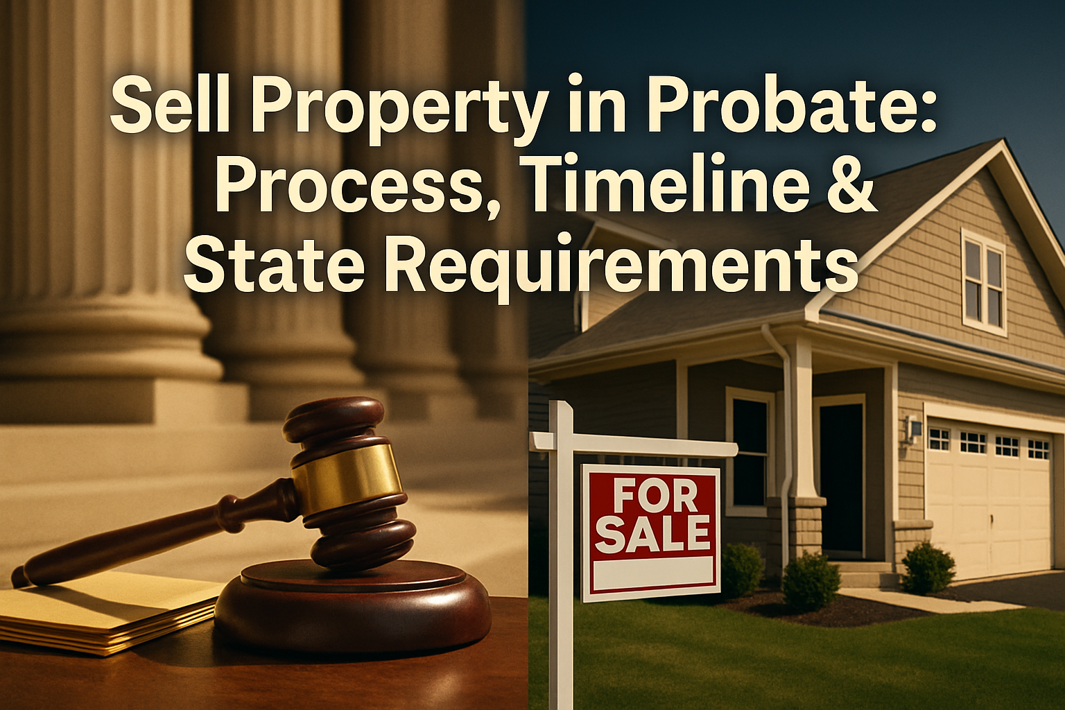 Professional landscape hero image (1536x1024) featuring bold text overlay 'Sell Property in Probate: Process, Timeline & State Requirements'