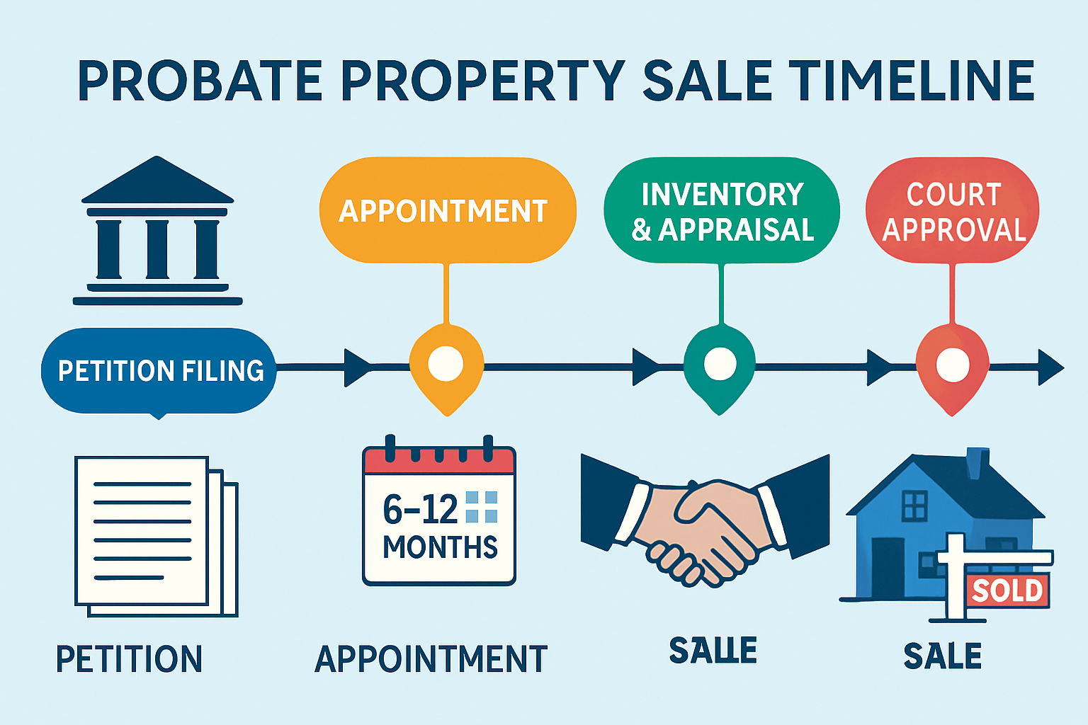 Detailed infographic-style landscape image (1536x1024) showing probate property sale timeline flowchart with distinct phases marked by color